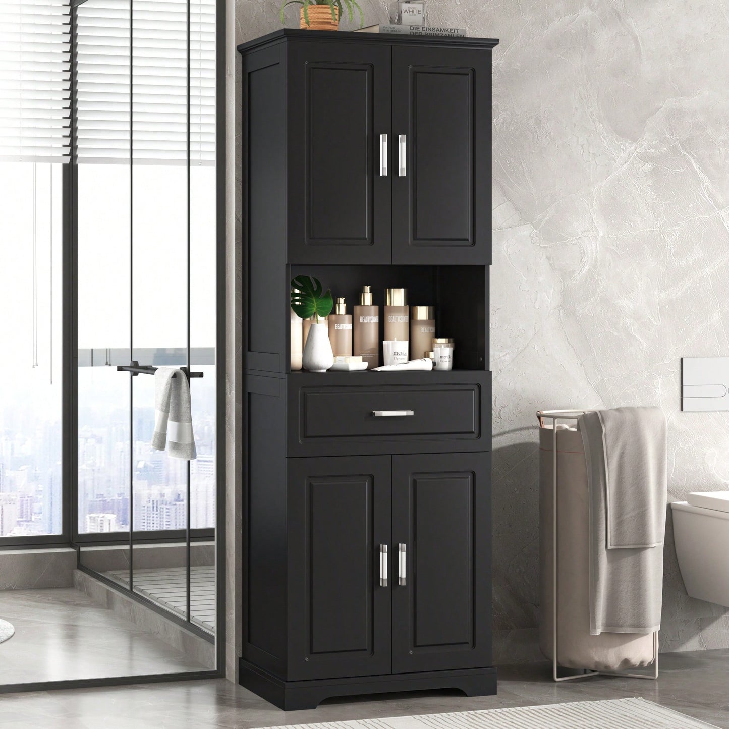 Stylish Tall Black Bathroom Cabinet With Four Doors And Open Shelves For Ample Storage Space