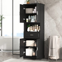 Stylish Tall Black Bathroom Cabinet With Four Doors And Open Shelves For Ample Storage Space