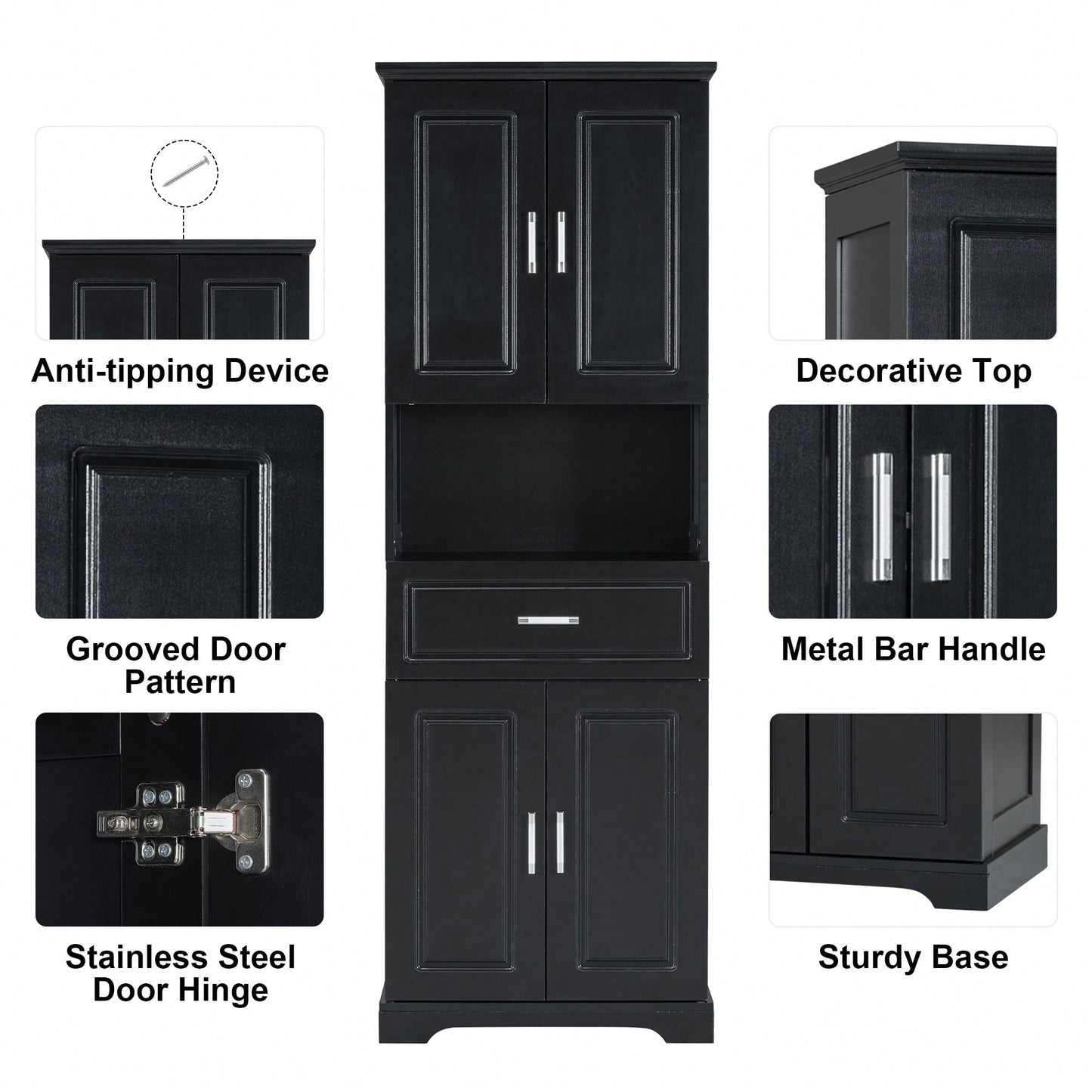 Stylish Tall Black Bathroom Cabinet With Four Doors And Open Shelves For Ample Storage Space