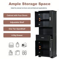 Stylish Tall Black Bathroom Cabinet With Four Doors And Open Shelves For Ample Storage Space