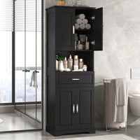 Stylish Tall Black Bathroom Cabinet With Four Doors And Open Shelves For Ample Storage Space