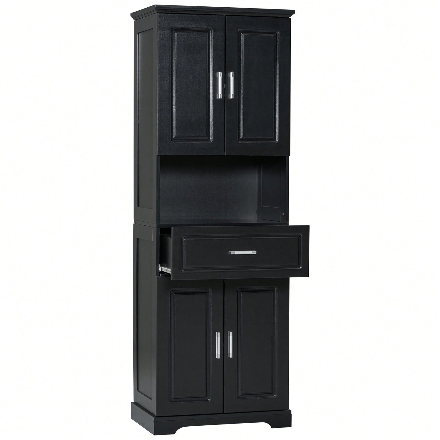 Stylish Tall Black Bathroom Cabinet With Four Doors And Open Shelves For Ample Storage Space