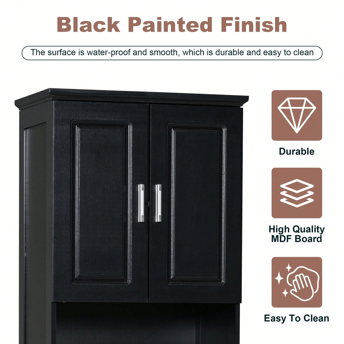 Stylish Tall Black Bathroom Cabinet With Four Doors And Open Shelves For Ample Storage Space