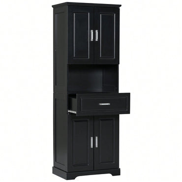 Stylish Tall Black Bathroom Cabinet With Four Doors And Open Shelves For Ample Storage Space