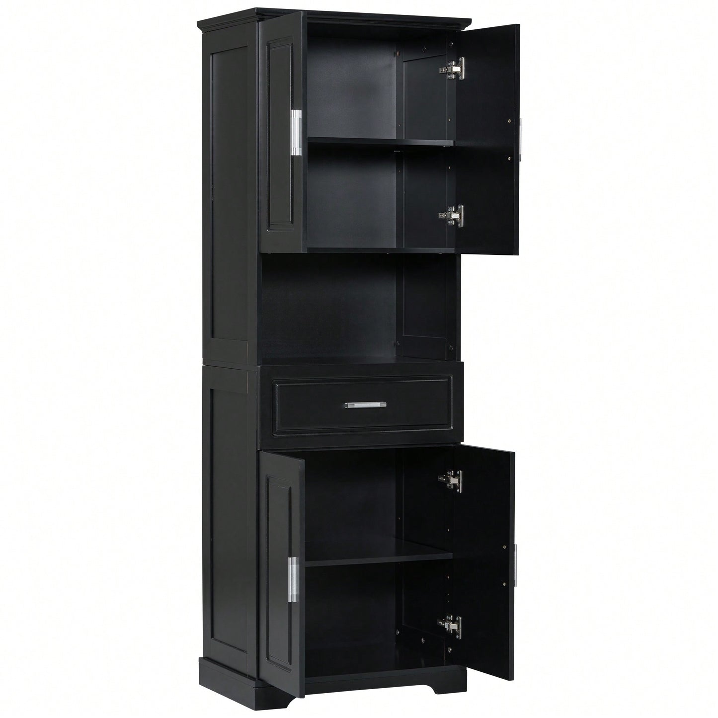 Stylish Tall Black Bathroom Cabinet With Four Doors And Open Shelves For Ample Storage Space