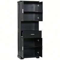 Stylish Tall Black Bathroom Cabinet With Four Doors And Open Shelves For Ample Storage Space