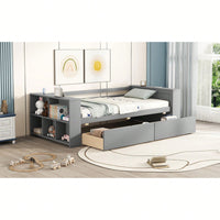 Twin Size Daybed With Storage Shelves And Drawers For Space Saving Solutions Gray