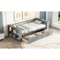 Twin Size Daybed With Storage Shelves And Drawers For Space Saving Solutions Gray