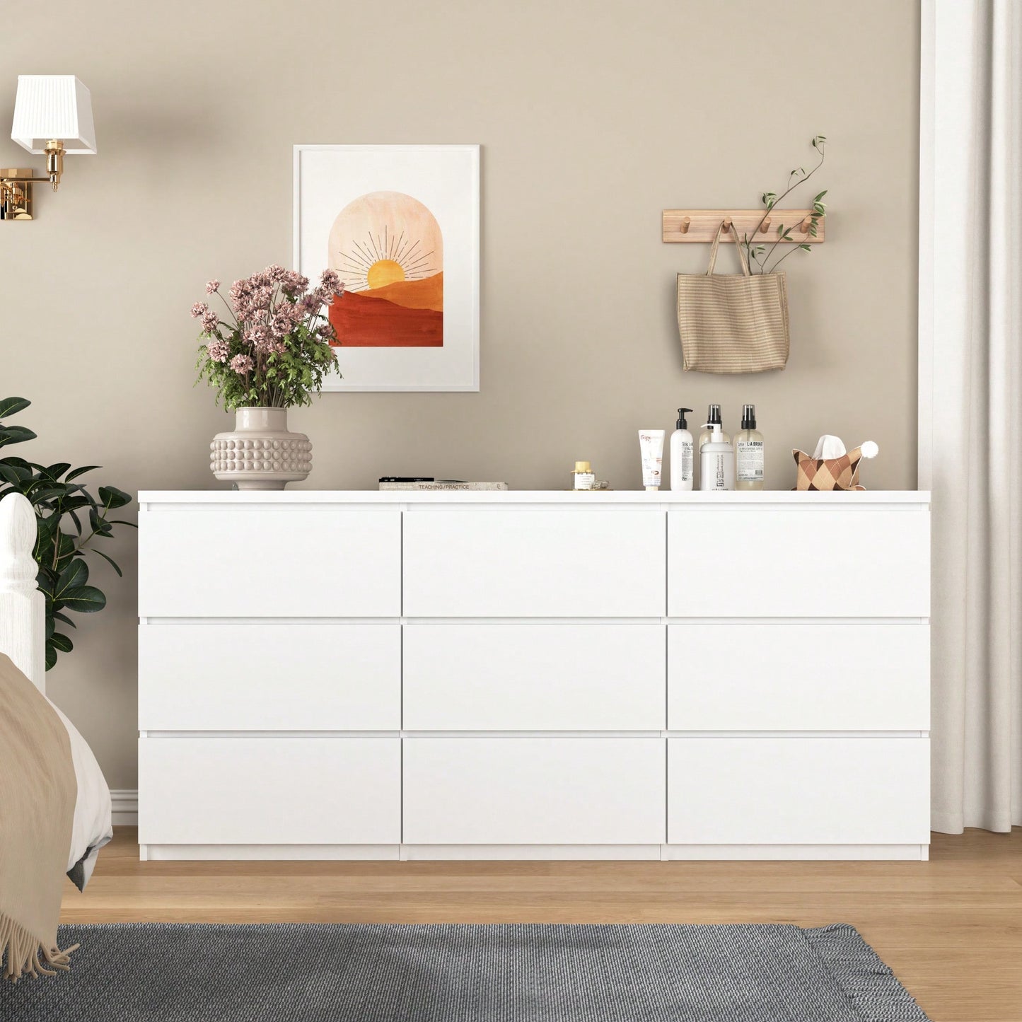 Modern White 9 Drawer Storage Cabinet For Bedroom And Living Room No Handle Design Wide Chest Of Drawers For Hallway Entryway