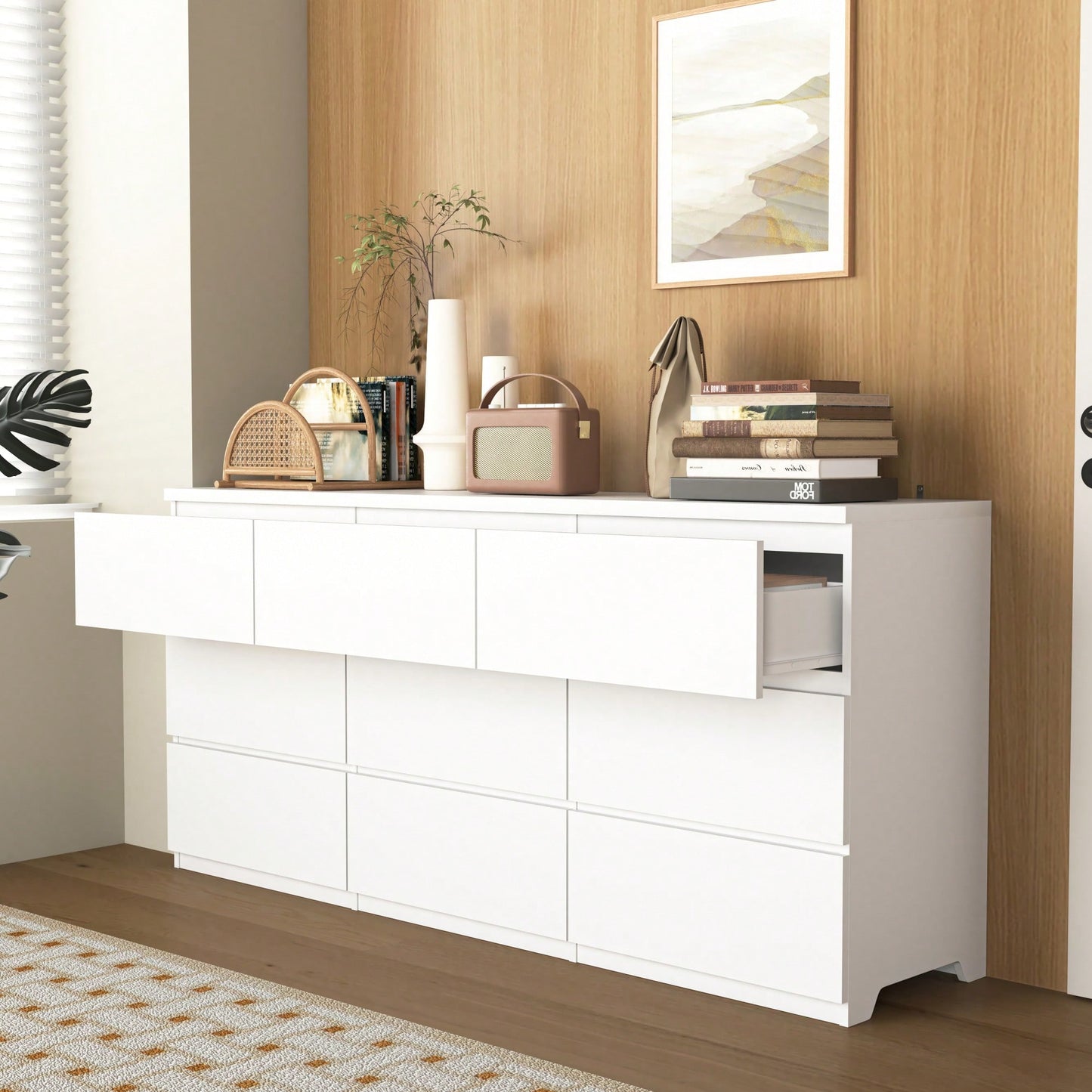 Modern White 9 Drawer Storage Cabinet For Bedroom And Living Room No Handle Design Wide Chest Of Drawers For Hallway Entryway