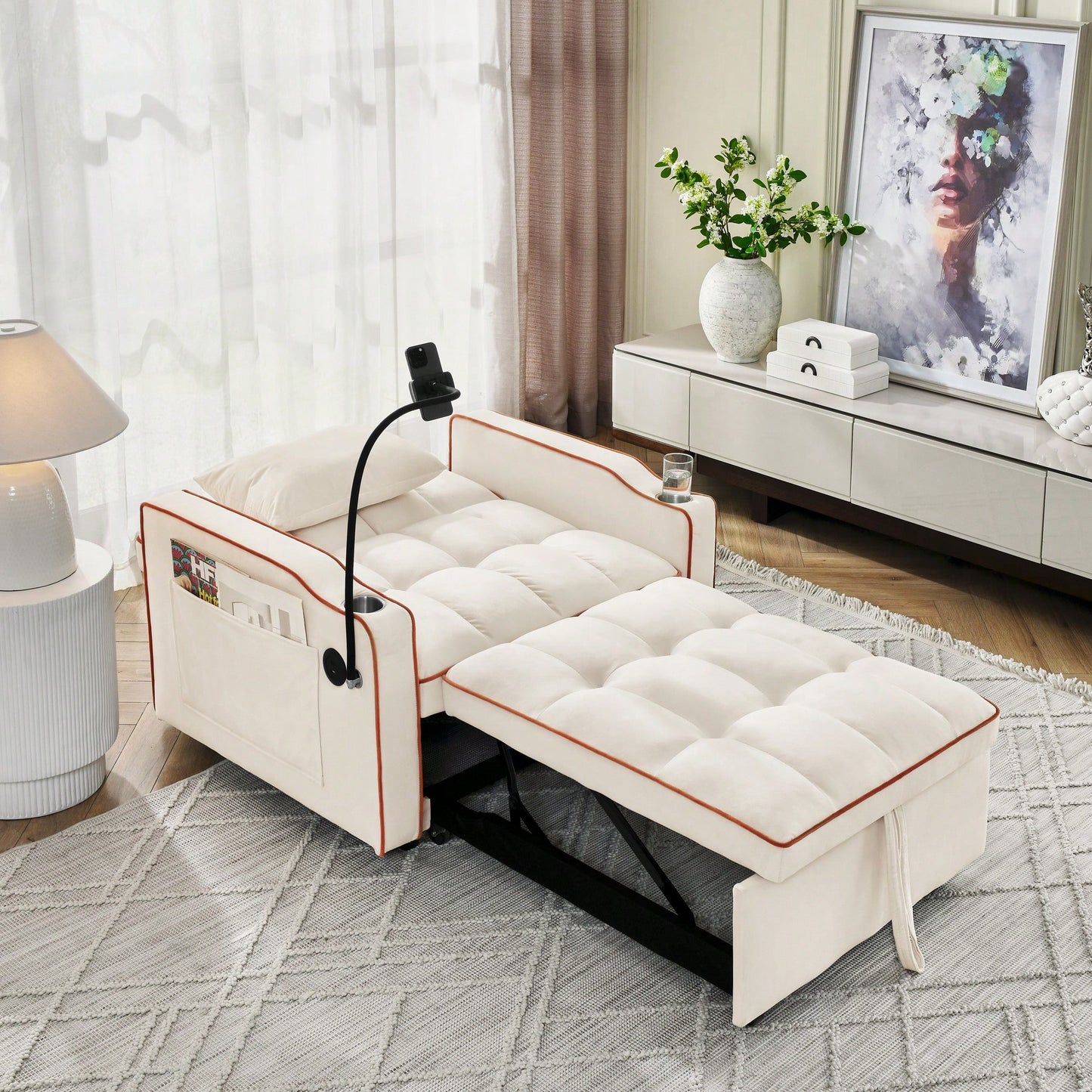 Adjustable Convertible Sleeper Chair Sofa Bed With Multi-Pockets For Small Spaces Living Room And Bedroom 3-In-1 Design