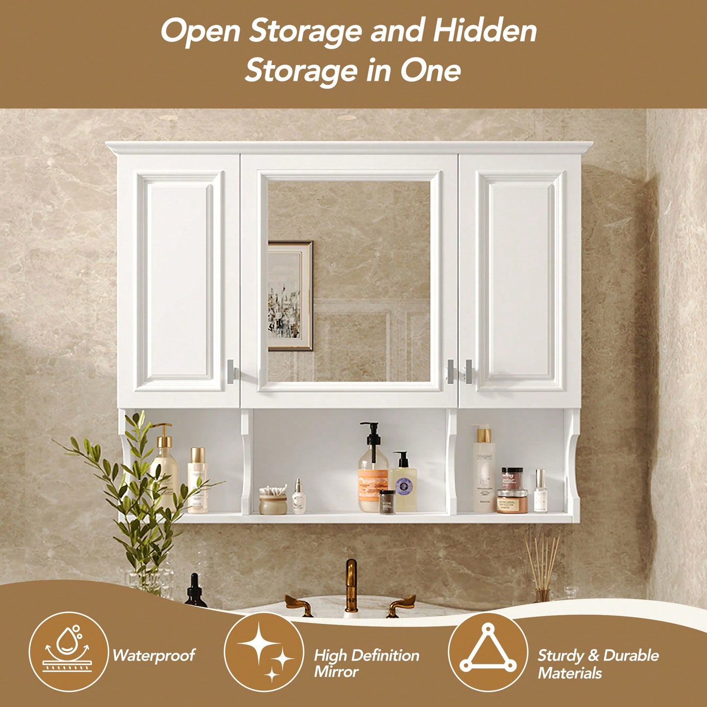 35x28 Wall Mounted Bathroom Medicine Cabinet With Mirror And Open Shelves Modern Storage Solution