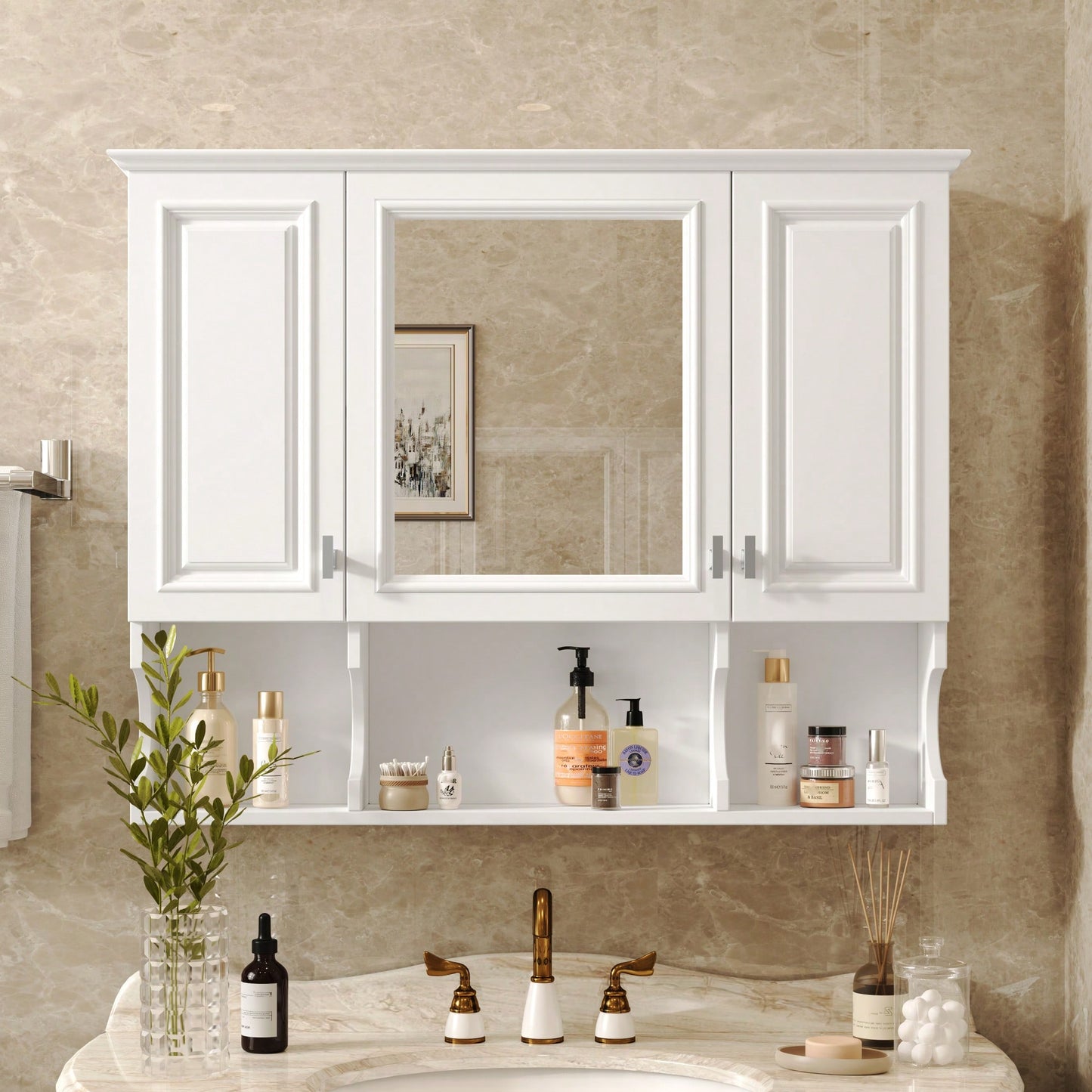 35x28 Wall Mounted Bathroom Medicine Cabinet With Mirror And Open Shelves Modern Storage Solution