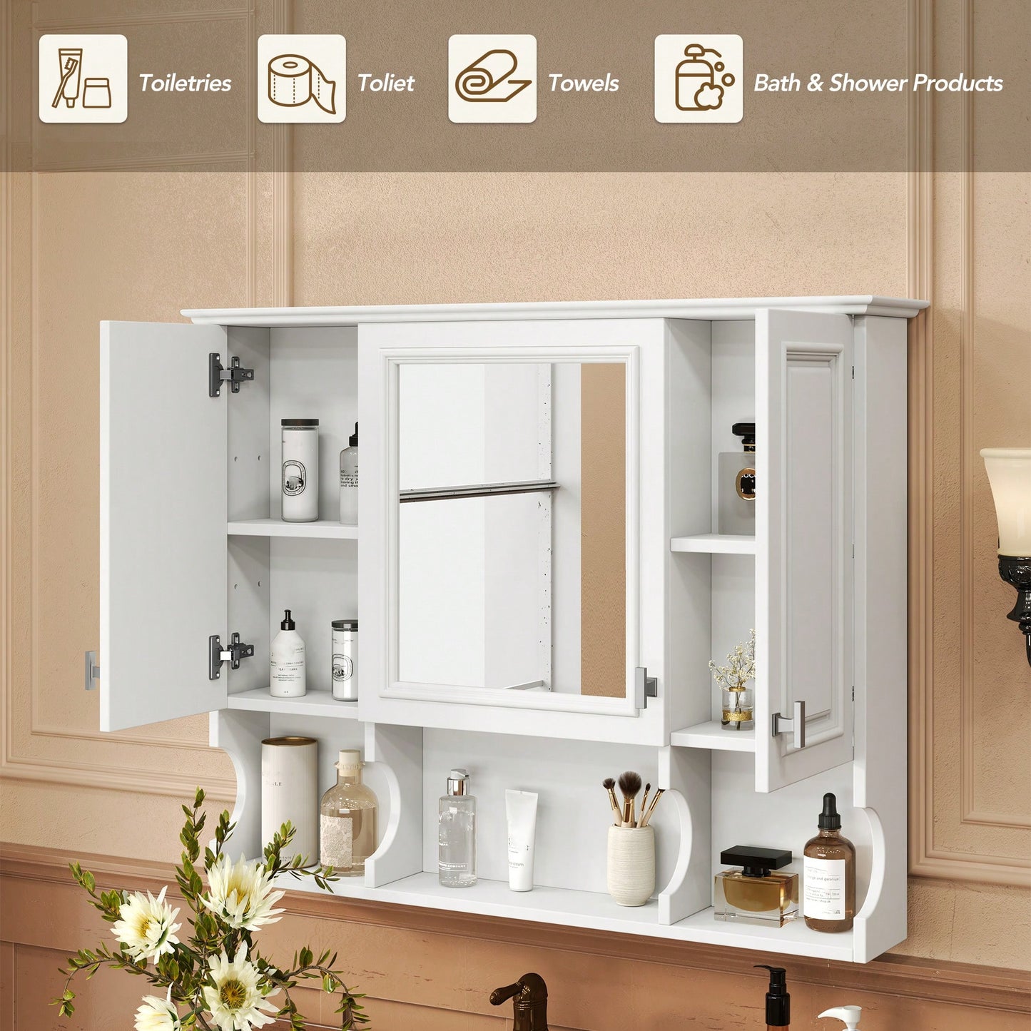 35x28 Wall Mounted Bathroom Medicine Cabinet With Mirror And Open Shelves Modern Storage Solution