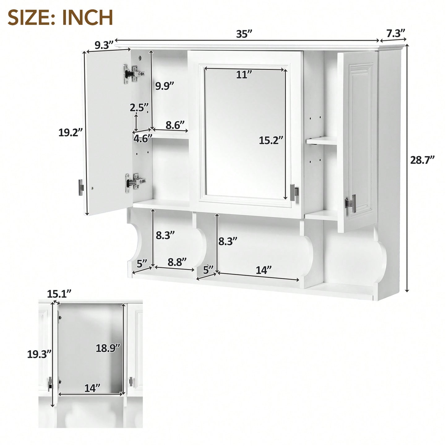 35x28 Wall Mounted Bathroom Medicine Cabinet With Mirror And Open Shelves Modern Storage Solution