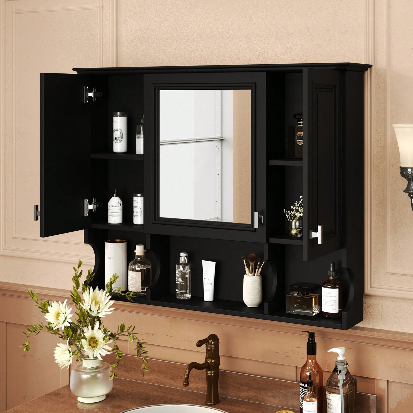 35x28 Wall Mounted Bathroom Medicine Cabinet With Mirror And Open Shelves Modern Storage Solution