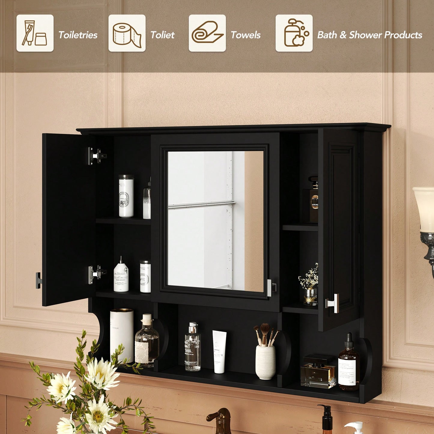 35x28 Wall Mounted Bathroom Medicine Cabinet With Mirror And Open Shelves Modern Storage Solution