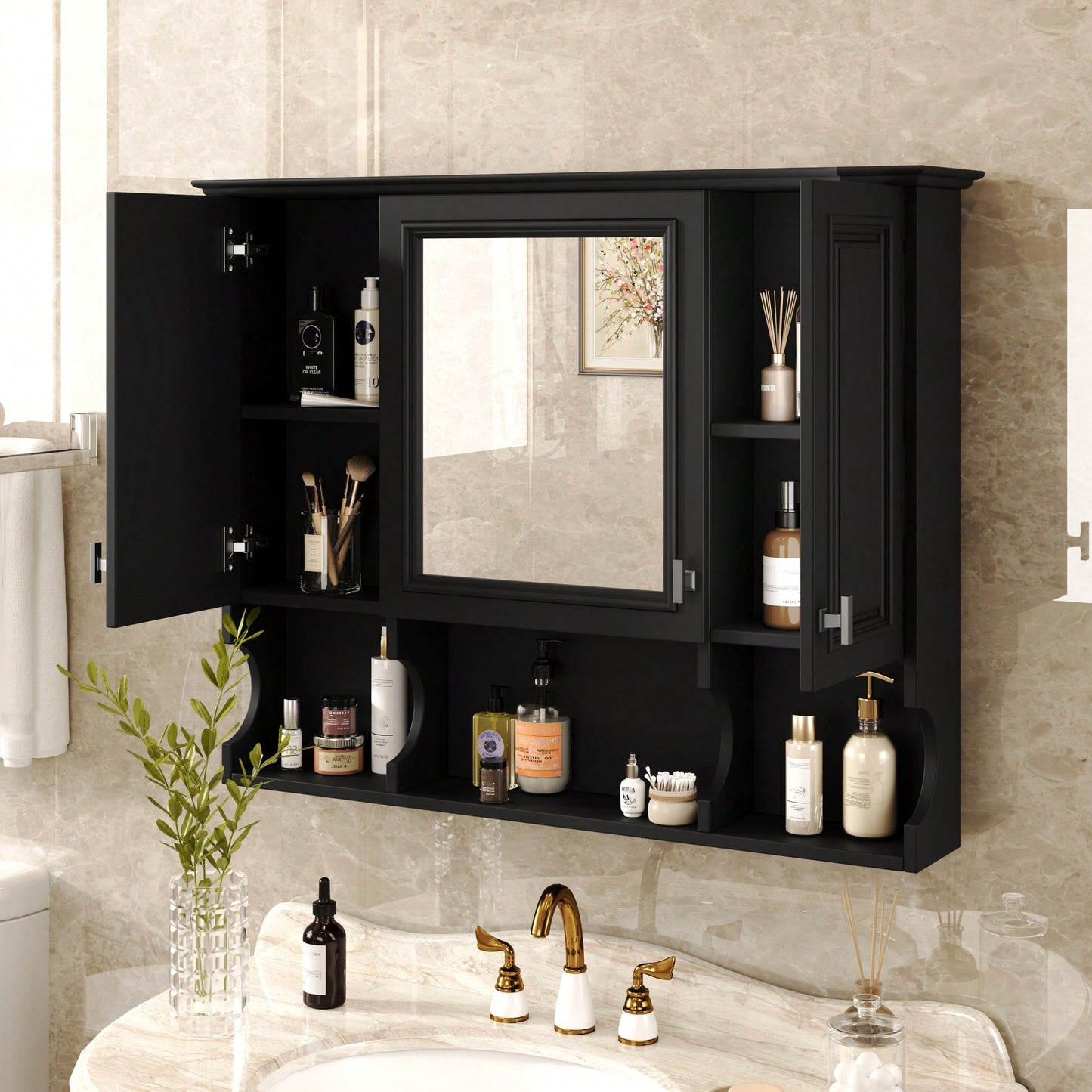 35x28 Wall Mounted Bathroom Medicine Cabinet With Mirror And Open Shelves Modern Storage Solution