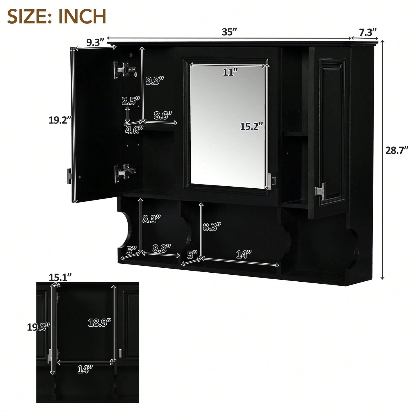 35x28 Wall Mounted Bathroom Medicine Cabinet With Mirror And Open Shelves Modern Storage Solution