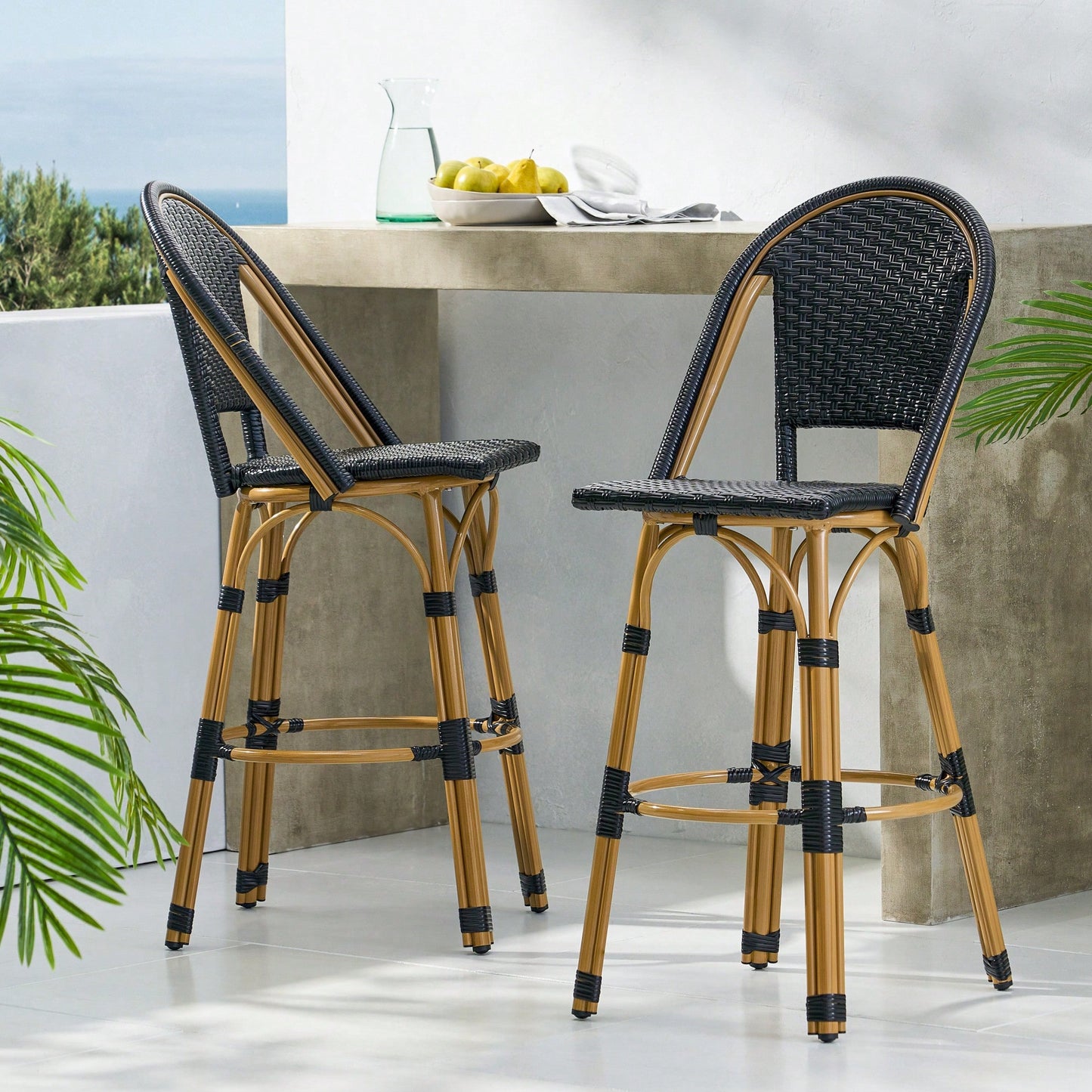 Bamboo Finish Outdoor PE Rattan Aluminum Barstools Set Of 2 For Patio Dining Navy Blue