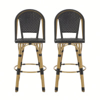 Bamboo Finish Outdoor PE Rattan Aluminum Barstools Set Of 2 For Patio Dining Navy Blue