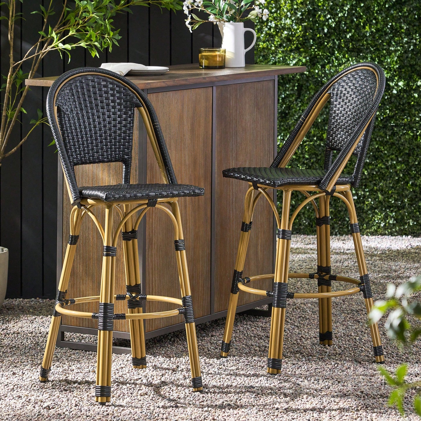 Bamboo Finish Outdoor PE Rattan Aluminum Barstools Set Of 2 For Patio Dining Navy Blue