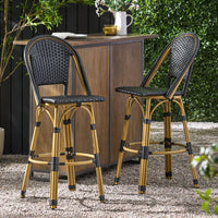 Bamboo Finish Outdoor PE Rattan Aluminum Barstools Set Of 2 For Patio Dining Navy Blue