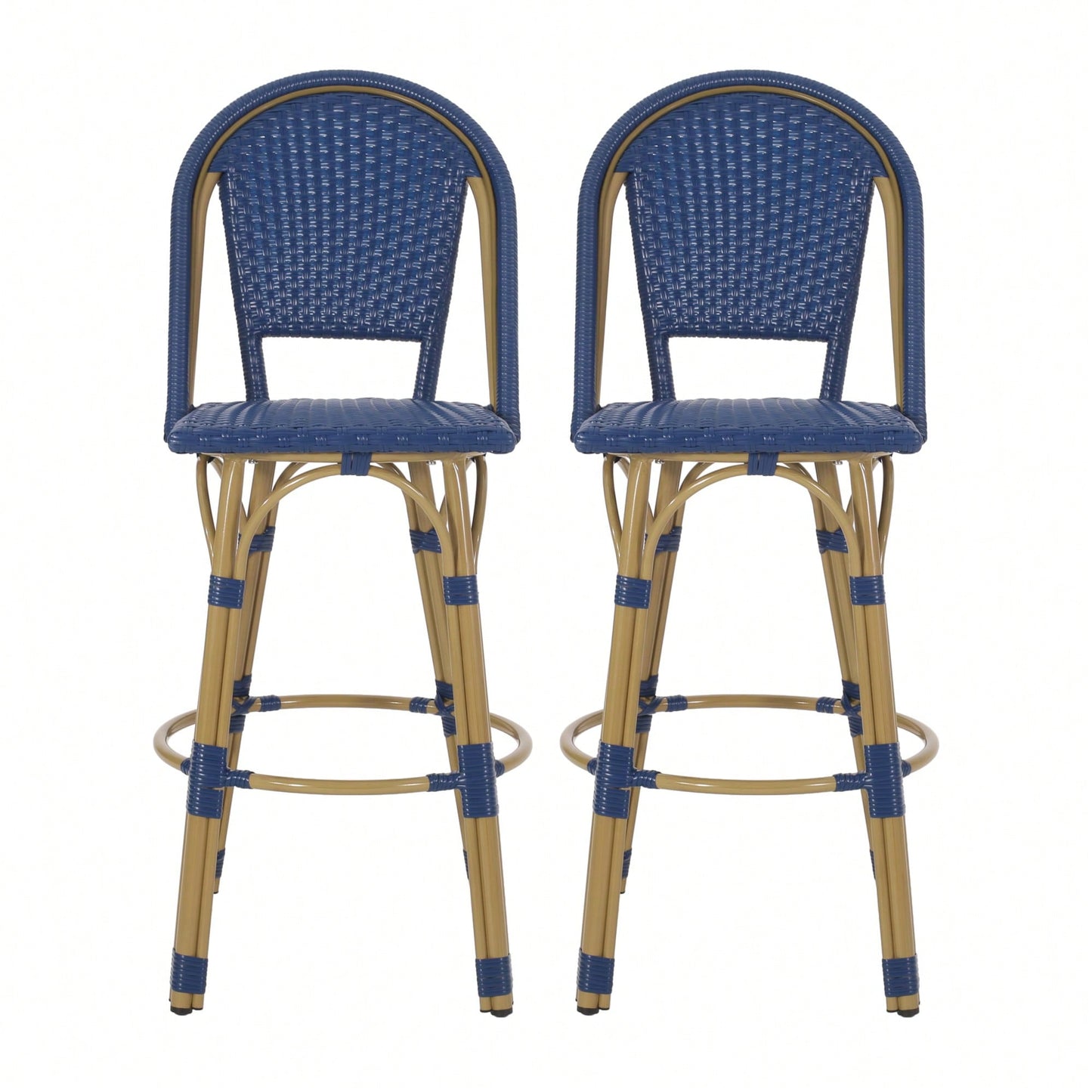 Bamboo Finish Outdoor PE Rattan Aluminum Barstools Set Of 2 For Patio Dining Navy Blue