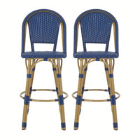 Bamboo Finish Outdoor PE Rattan Aluminum Barstools Set Of 2 For Patio Dining Navy Blue