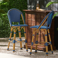 Bamboo Finish Outdoor PE Rattan Aluminum Barstools Set Of 2 For Patio Dining Navy Blue