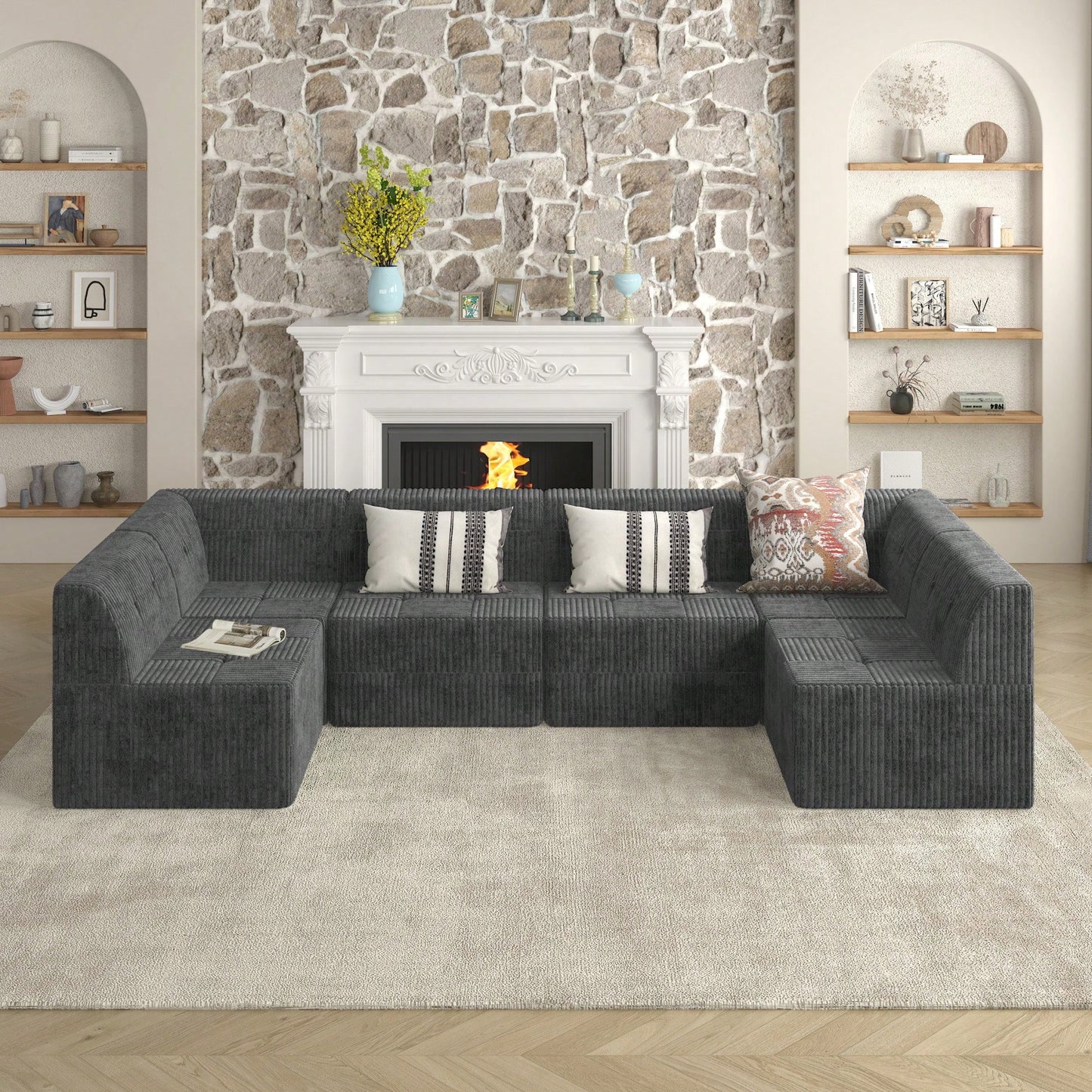 Modern Minimalist Corner Sectional Sofa In Gray Corduroy - Space-Efficient Compressed Sleeper Couch For Living Room And Bedroom