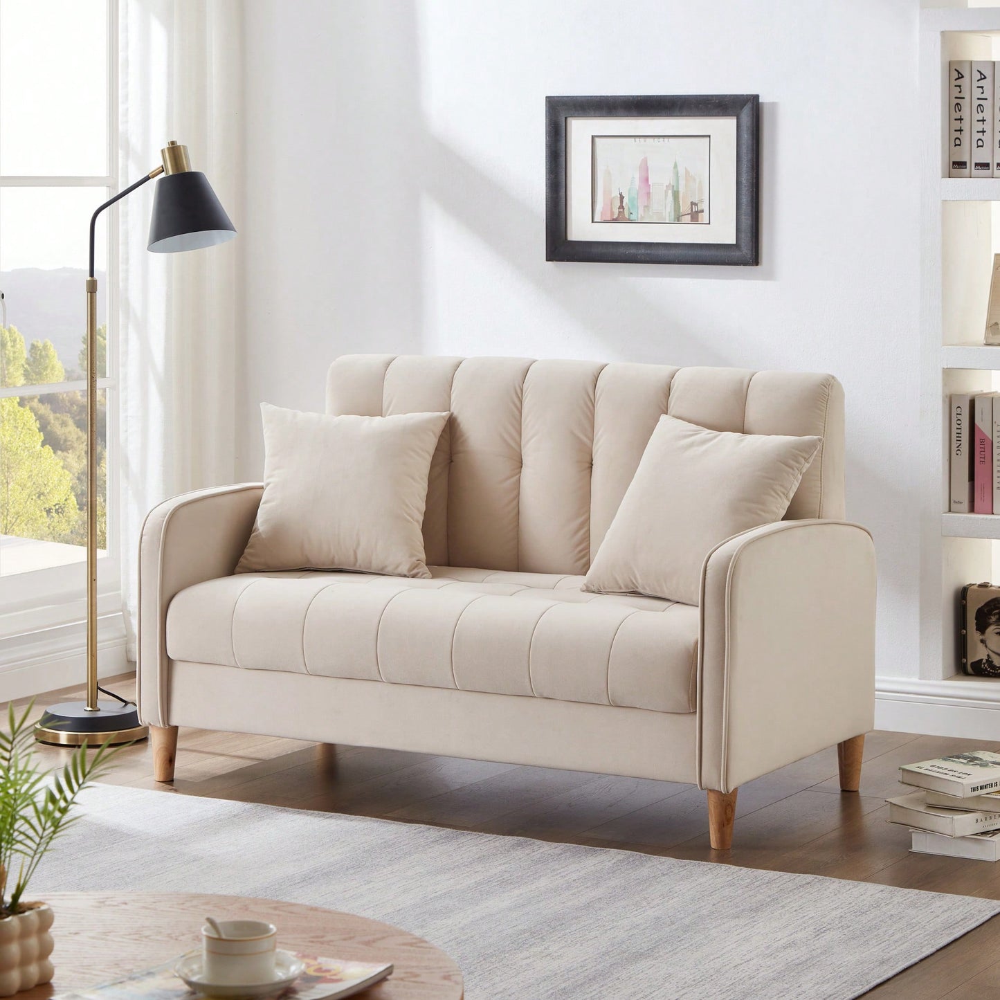 Contemporary Velvet Loveseat For Small Spaces Elegant Tufted Sofa In Beige Ideal For Living Room