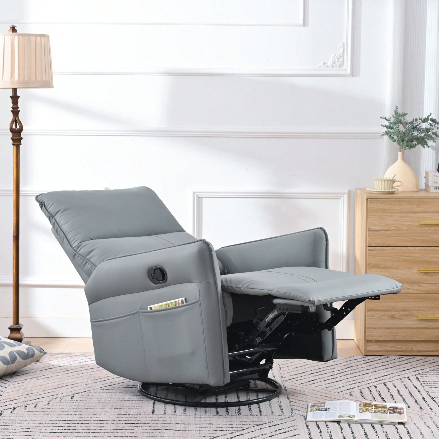 Modern 360° Swivel Rocking Recliner Chair For Nursery And Living Room With Side Pocket In Light Gray