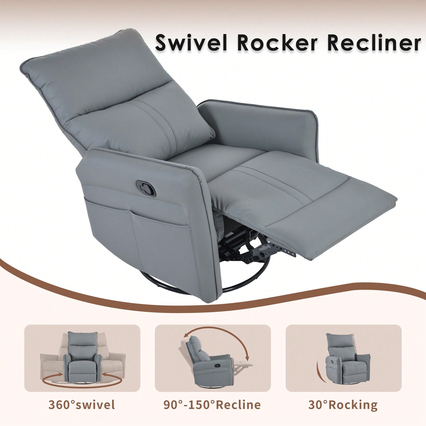 Modern 360° Swivel Rocking Recliner Chair For Nursery And Living Room With Side Pocket In Light Gray