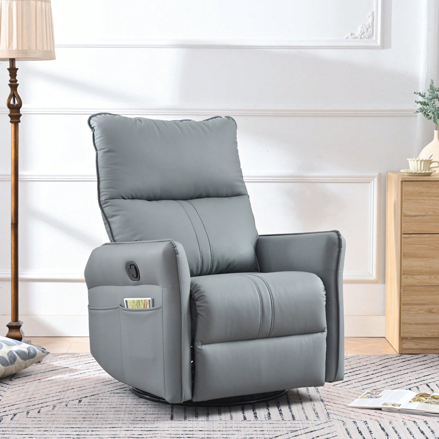 Modern 360° Swivel Rocking Recliner Chair For Nursery And Living Room With Side Pocket In Light Gray