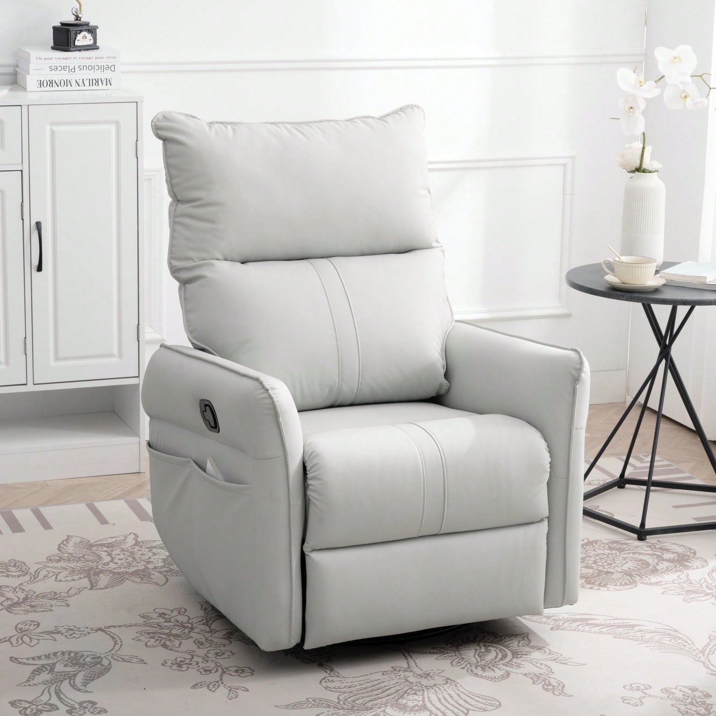 Modern 360° Swivel Rocking Recliner Chair For Nursery And Living Room With Side Pocket In Light Gray