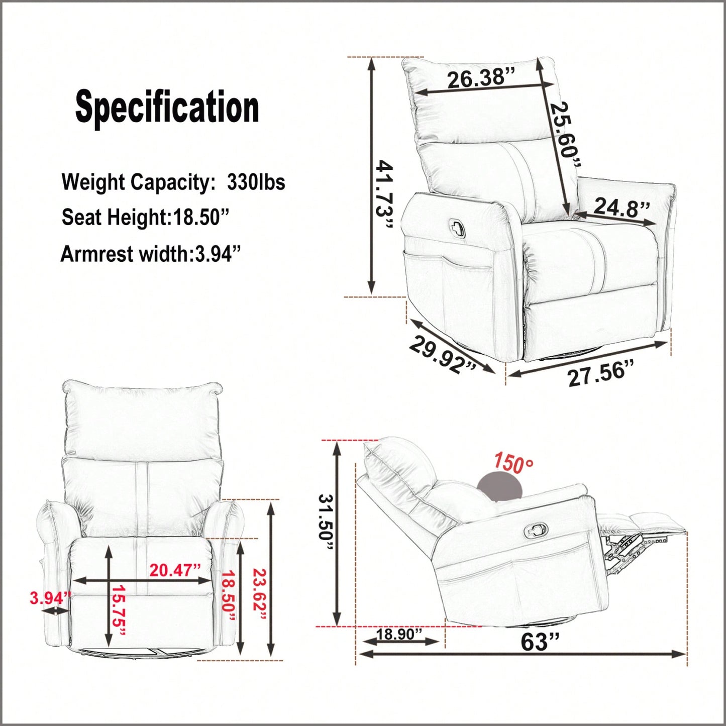 Modern 360° Swivel Rocking Recliner Chair For Nursery And Living Room With Side Pocket In Light Gray