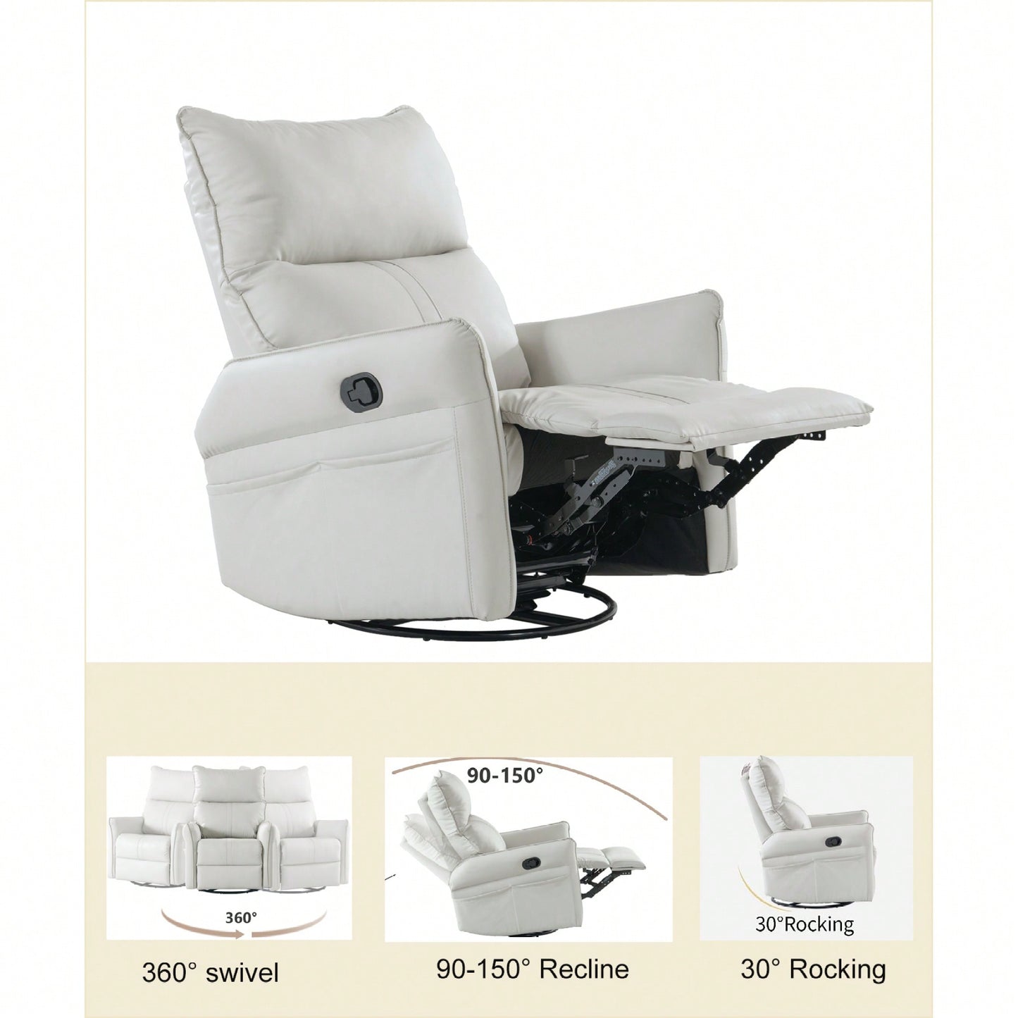 Modern 360° Swivel Rocking Recliner Chair For Nursery And Living Room With Side Pocket In Light Gray