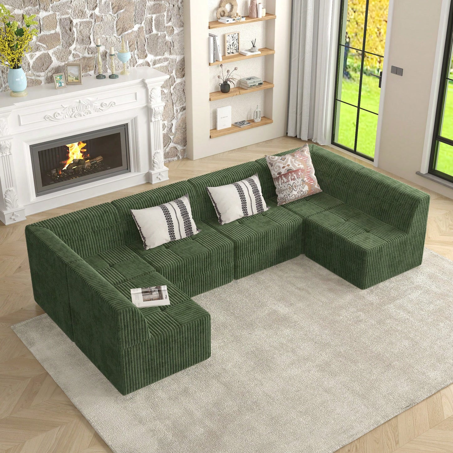 Modern Minimalist Compressed Sectional Sofa In Green - Space-Efficient Corduroy Sleeper Couch For Living Room And Bedroom