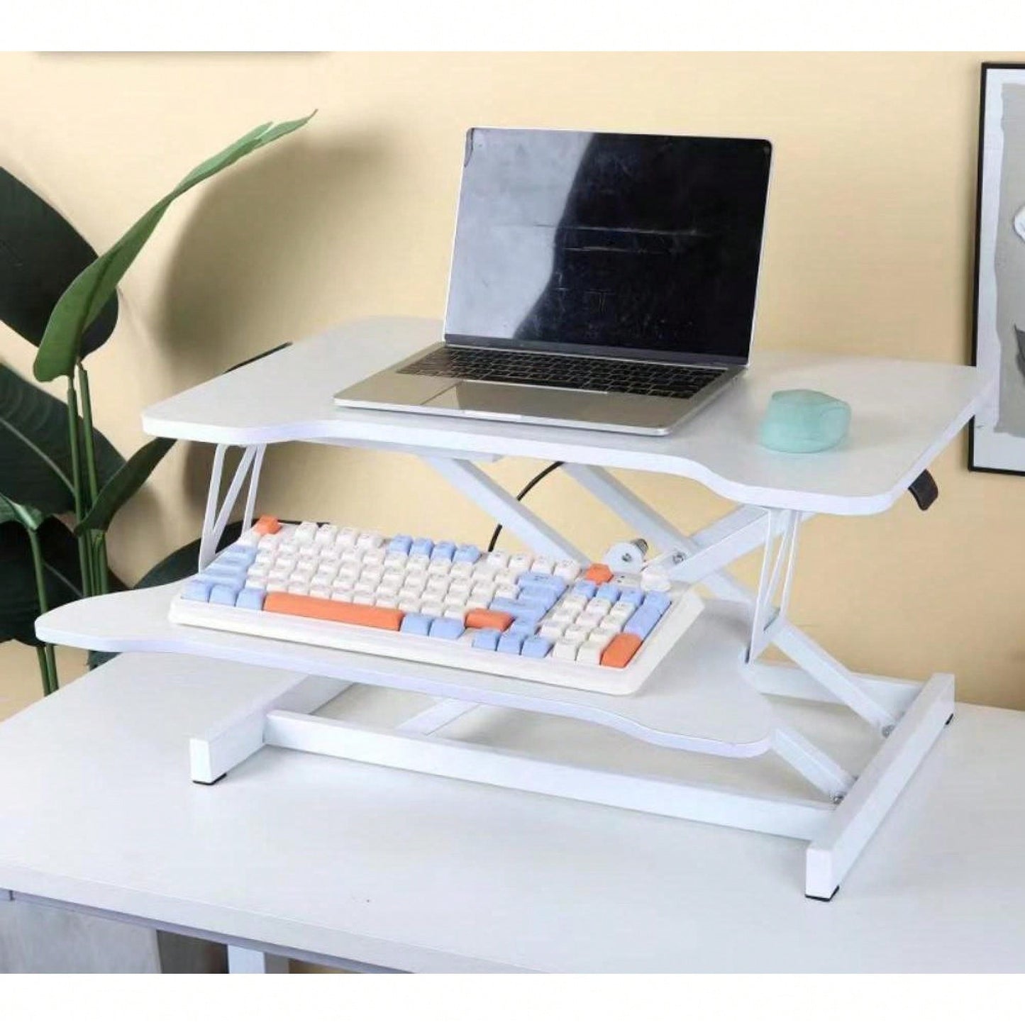 Height Adjustable 32 Inch Sit To Stand Desk Converter For Dual Monitors And Laptops With Wide Keyboard Tray In White