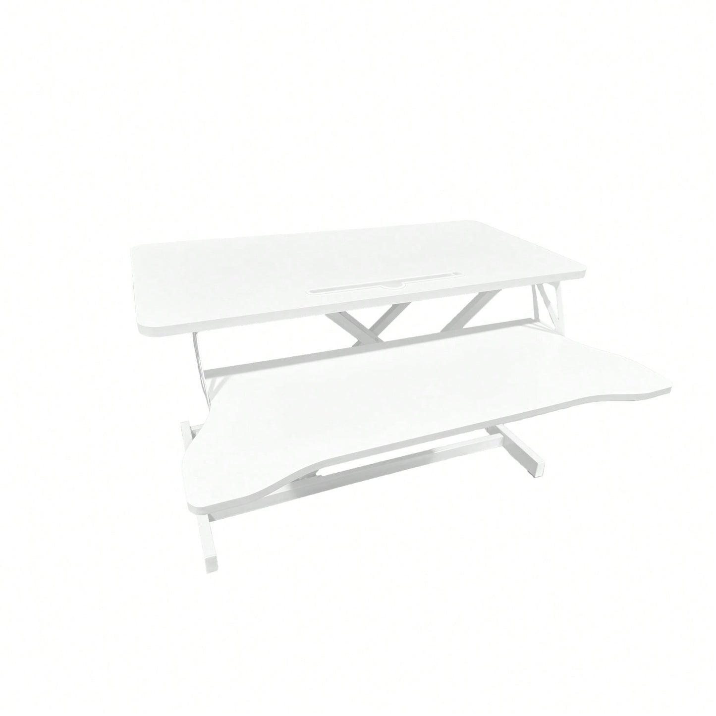 Height Adjustable 32 Inch Sit To Stand Desk Converter For Dual Monitors And Laptops With Wide Keyboard Tray In White