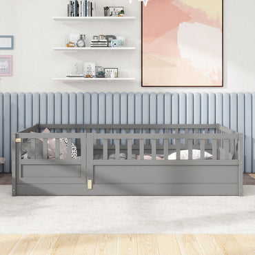 Montessori Twin Size Floor Bed With High Security Barrier And Door For Kids - Grey Wooden Frame