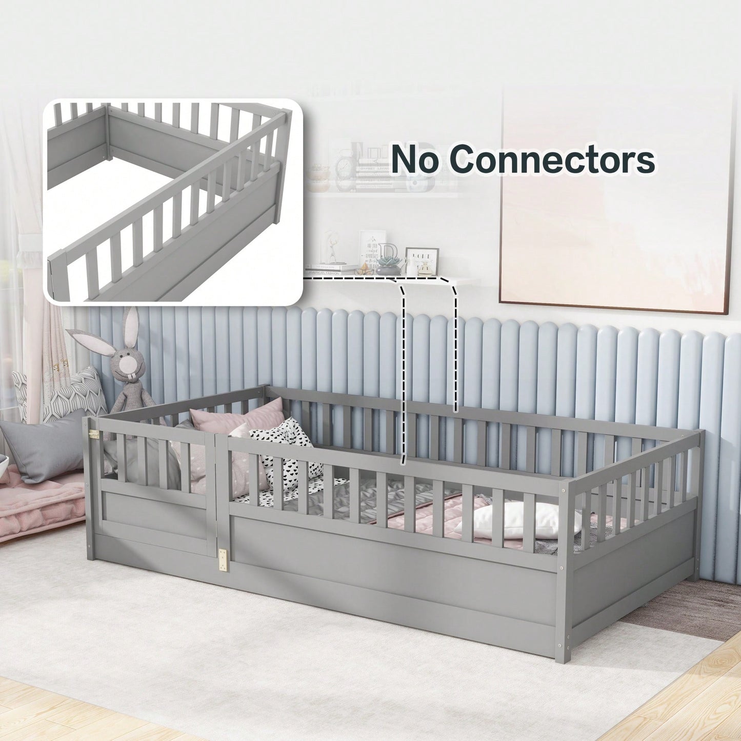 Montessori Twin Size Floor Bed With High Security Barrier And Door For Kids - Grey Wooden Frame