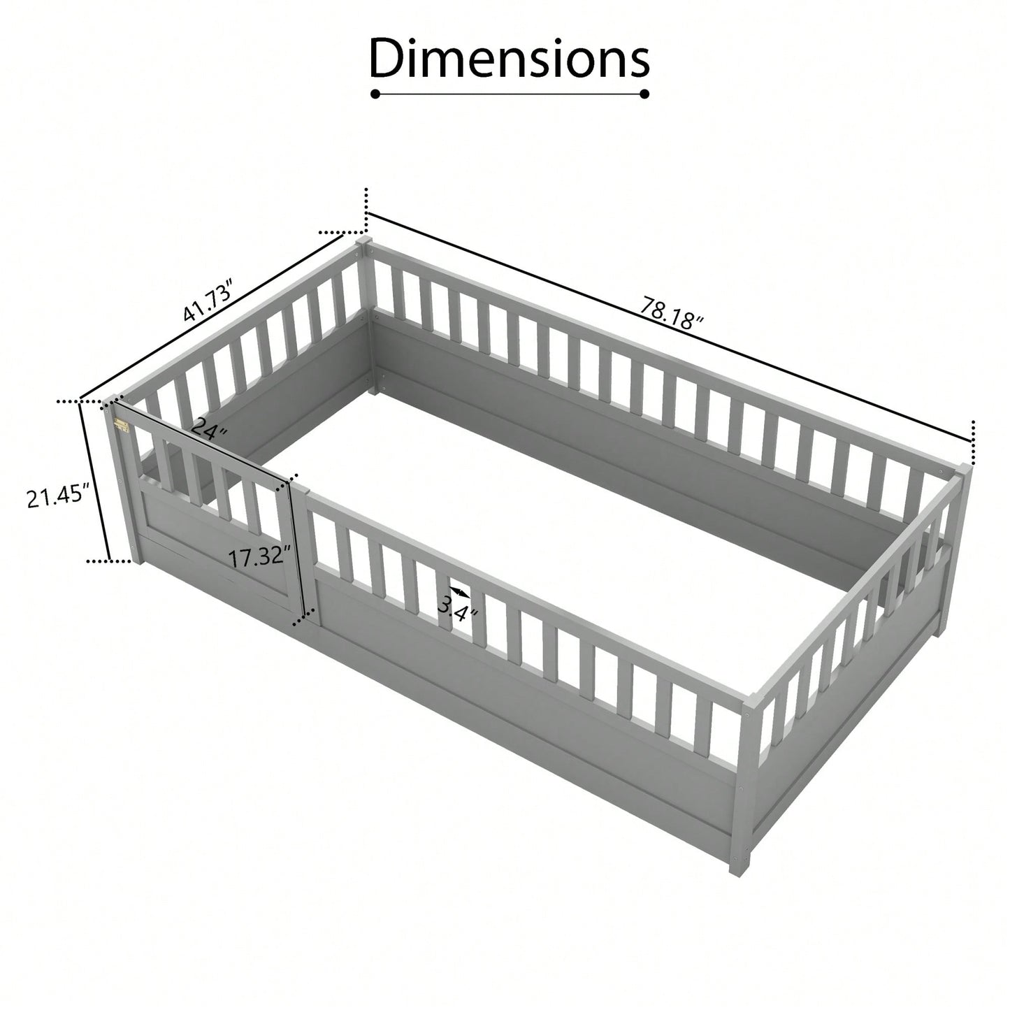 Montessori Twin Size Floor Bed With High Security Barrier And Door For Kids - Grey Wooden Frame