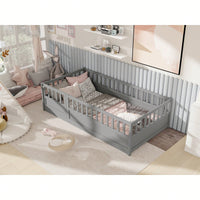 Montessori Twin Size Floor Bed With High Security Barrier And Door For Kids - Grey Wooden Frame