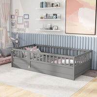 Montessori Twin Size Floor Bed With High Security Barrier And Door For Kids - Grey Wooden Frame