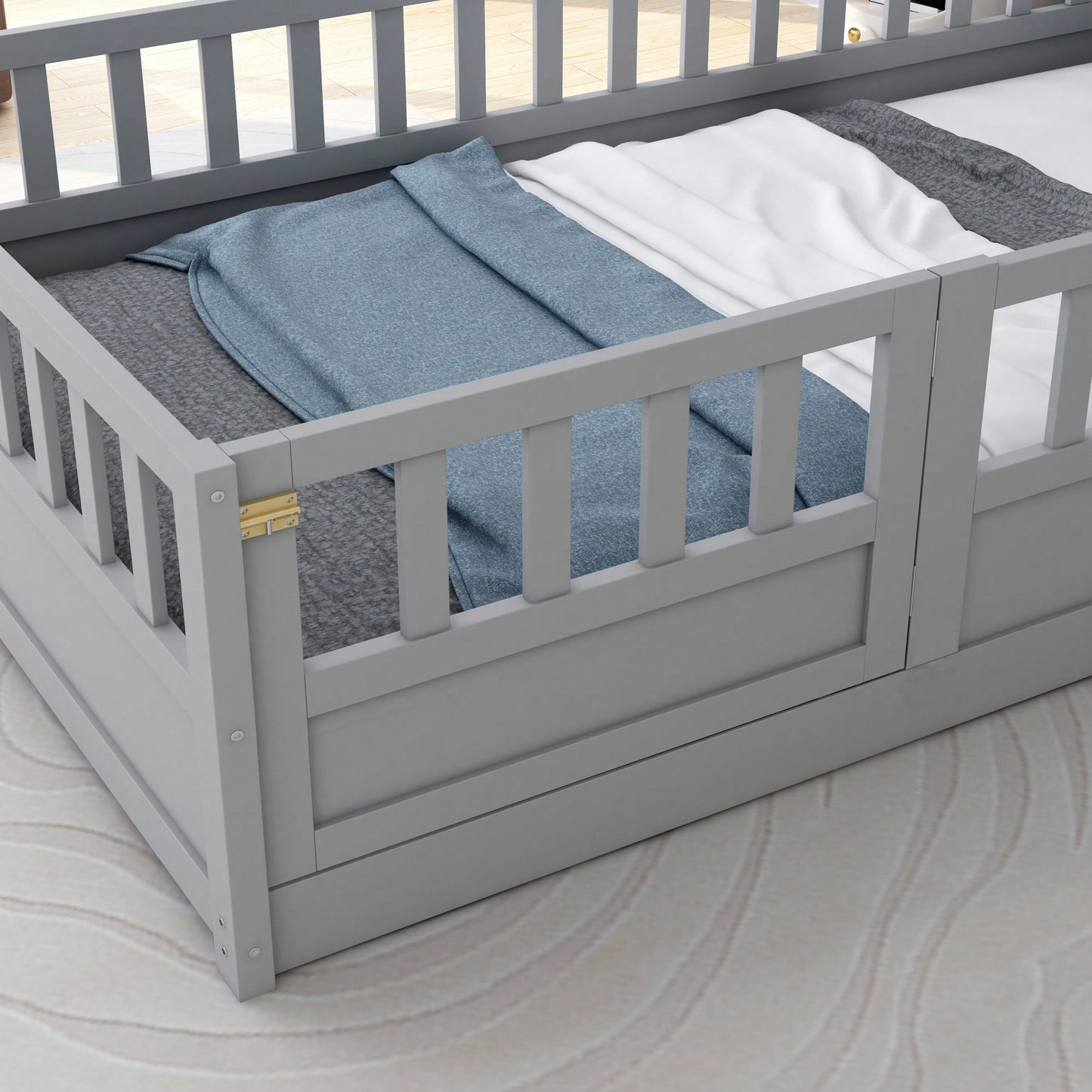 Montessori Twin Size Floor Bed With High Security Barrier And Door For Kids - Grey Wooden Frame