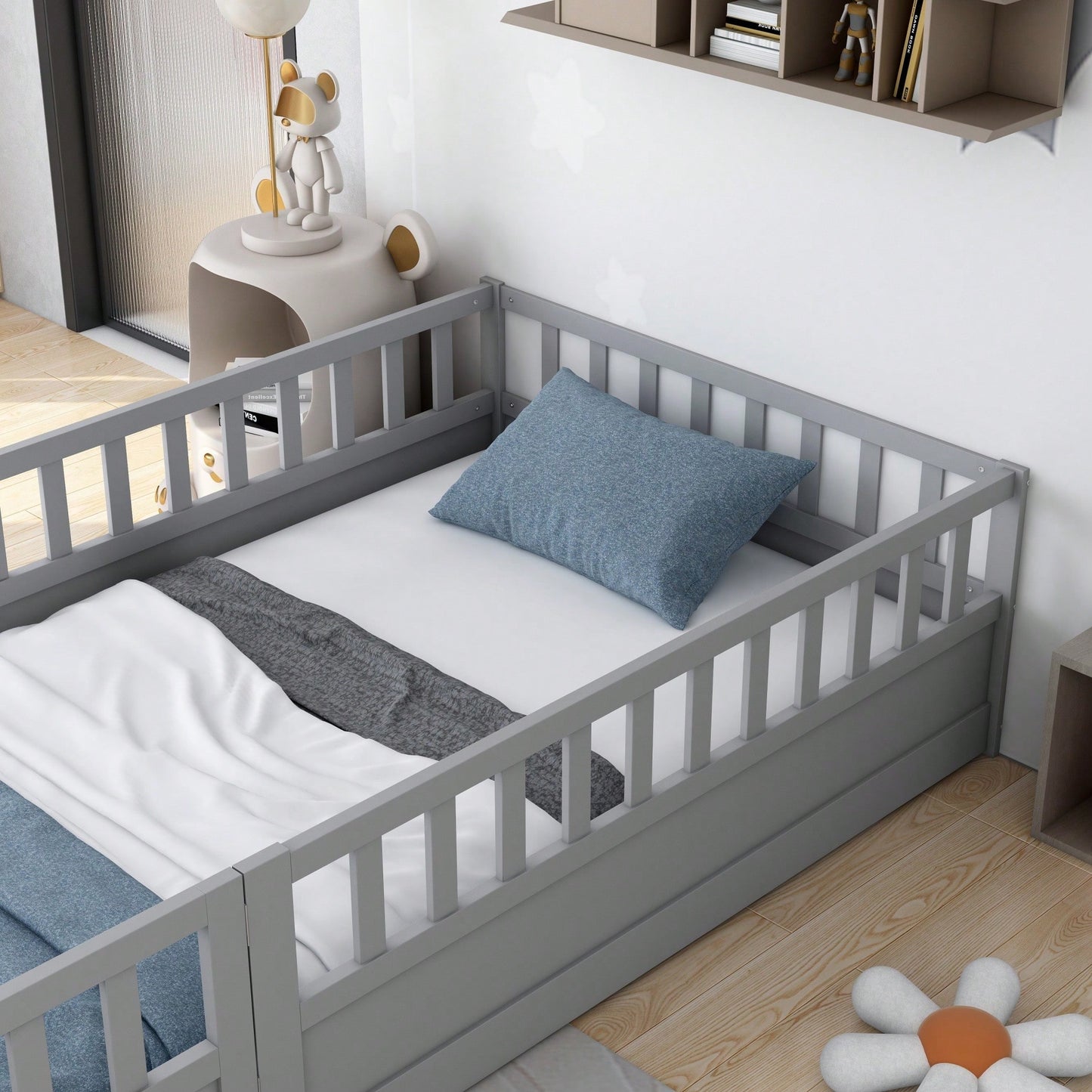 Montessori Twin Size Floor Bed With High Security Barrier And Door For Kids - Grey Wooden Frame