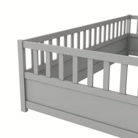 Montessori Twin Size Floor Bed With High Security Barrier And Door For Kids - Grey Wooden Frame