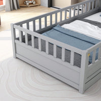 Montessori Twin Size Floor Bed With High Security Barrier And Door For Kids - Grey Wooden Frame